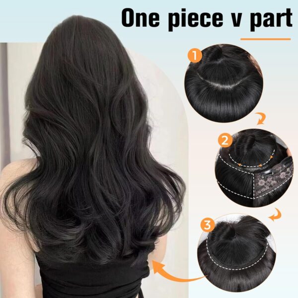 FAVE Extensiones de cabello sintético con clip en forma de V, extensiones de cabello ondulado marrón y negro, extensiones de una pieza con 5 clips de seguridad, extensiones de cabello con clip