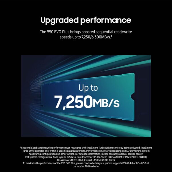 SAMSUNG SSD 990 EVO Plus de 1 TB, PCIe Gen 4x4, Gen 5x2 M.2 2280, velocidades de hasta 7,250 MB/s, almacenamiento actualizado para PC/portátiles, tecnología HMB y Intelligent Turbowrite 2.0,