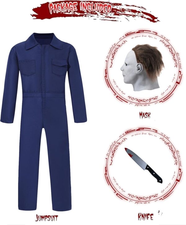Overol azul marino, disfraz de Halloween para hombre, incluye máscara y cuchillo de juguete