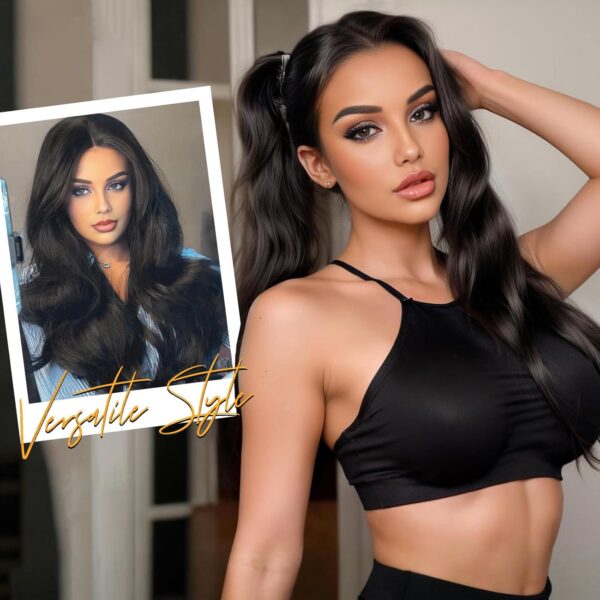 FAVE Extensiones de cabello sintético con clip en forma de V, extensiones de cabello ondulado marrón y negro, extensiones de una pieza con 5 clips de seguridad, extensiones de cabello con clip