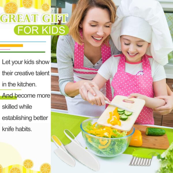 Juego de 4 cuchillos para niños, cuchillo de cocina para niños con cortador arrugado, bordes dentados, cuchillo de chef de plástico para cocinar y cortar pan de frutas