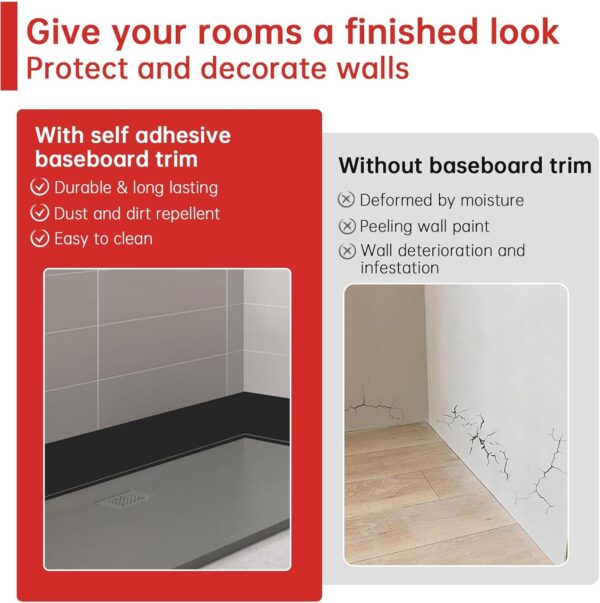 Moldura para zócalo | Moldura de base de pared – Decoración de zócalo de suelo, moldura de despegar y pegar, 4 pulgadas x 60 pies para cocina, oficina, dormitorio, hotel