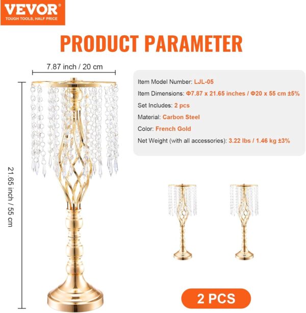 VEVOR Centro de mesa de boda de metal dorado, cristal, 2 piezas 55cm/21.65"