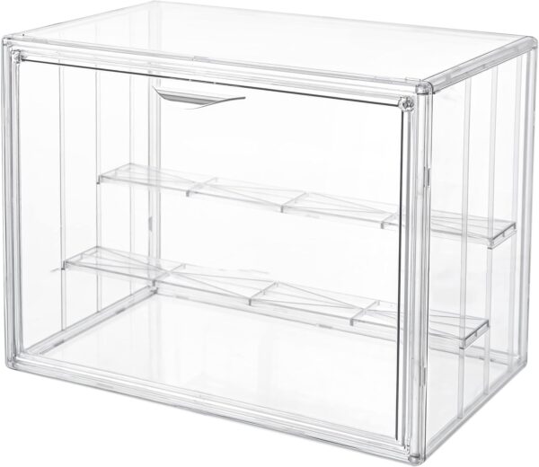 Attelite Vitrina de acrílico transparente, estante de exhibición de 3 niveles con 2 placas móviles, escaparate de protección apilable para figuras de acción, caja de almacenamiento para encimera con