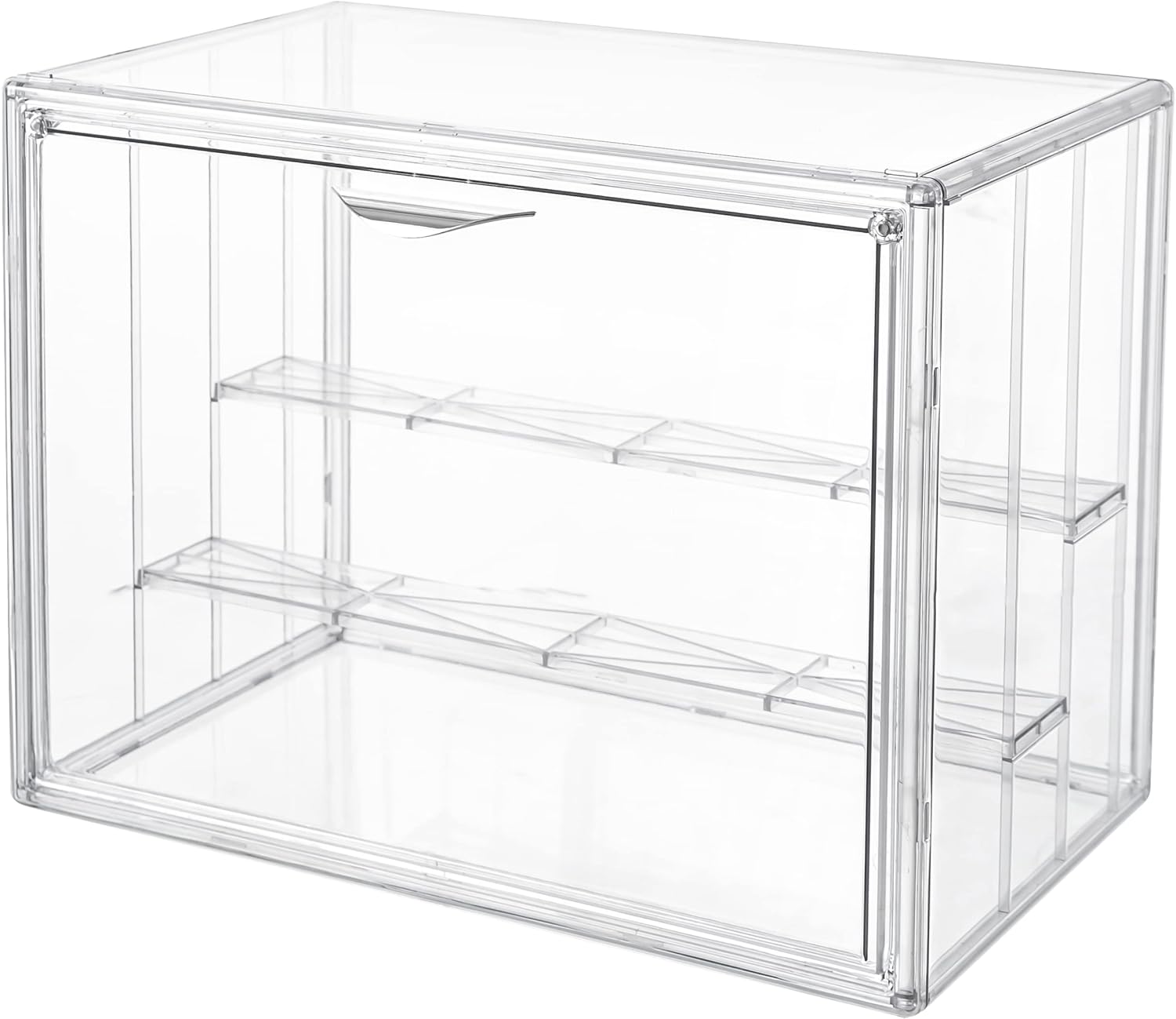 Attelite Vitrina de acrílico transparente, estante de exhibición de 3 niveles con 2 placas móviles, escaparate de protección apilable para figuras de acción, caja de almacenamiento para encimera con