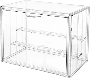 Attelite Vitrina de acrílico transparente, estante de exhibición de 3 niveles con 2 placas móviles, escaparate de protección apilable para figuras de acción, caja de almacenamiento para encimera con