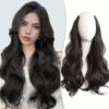 FAVE Extensiones de cabello sintético con clip en forma de V, extensiones de cabello ondulado marrón y negro, extensiones de una pieza con 5 clips de seguridad, extensiones de cabello con clip
