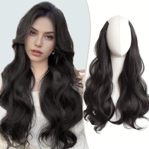 FAVE Extensiones de cabello sintético con clip en forma de V, extensiones de cabello ondulado marrón y negro, extensiones de una pieza con 5 clips de seguridad, extensiones de cabello con clip
