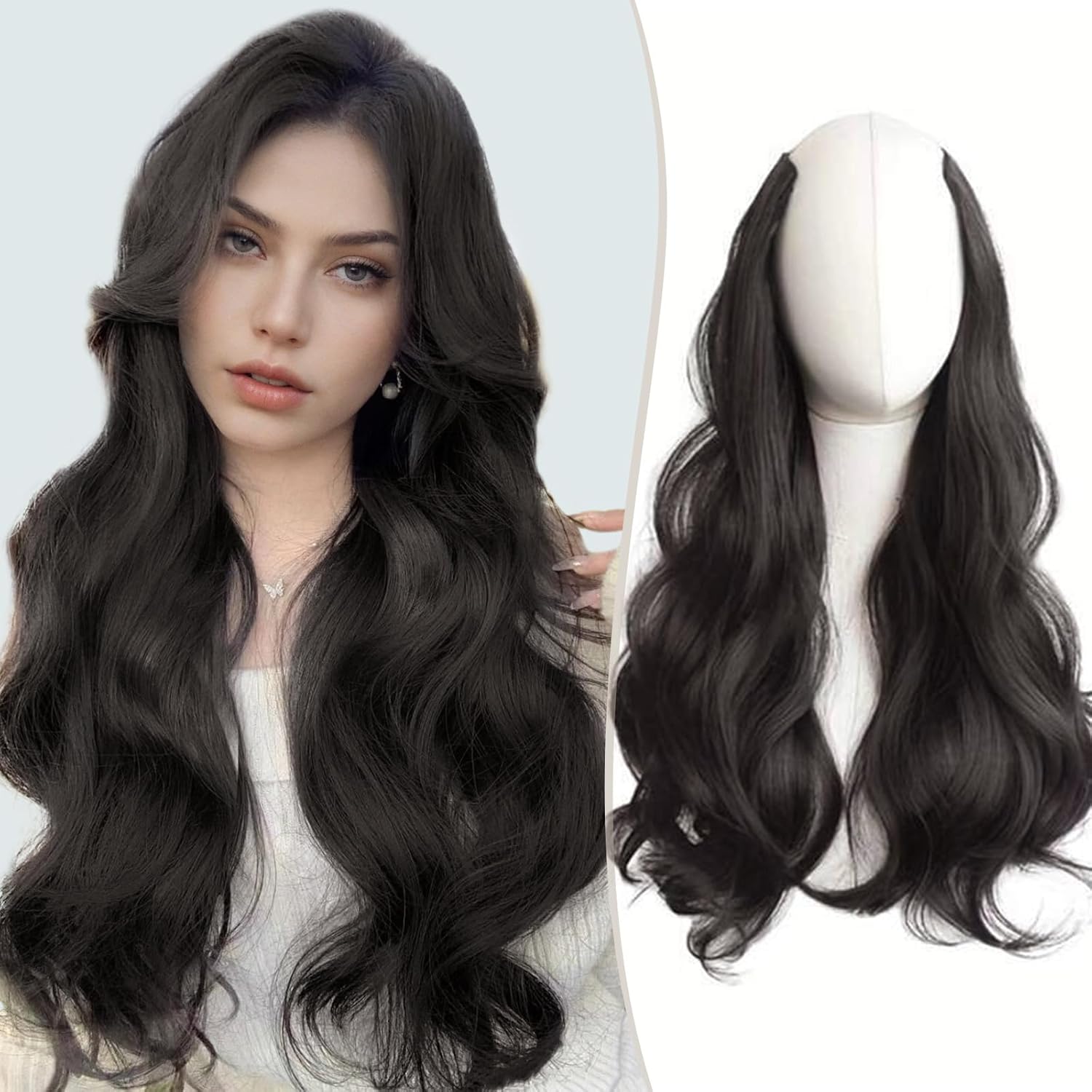 FAVE Extensiones de cabello sintético con clip en forma de V, extensiones de cabello ondulado marrón y negro, extensiones de una pieza con 5 clips de seguridad, extensiones de cabello con clip