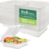 Freshware Recipientes compostables para alimentos con cubierta de almeja [paquete de 50 unidades de 8 x 8 pulgadas), contenedores desechables para llevar, cajas biodegradables de caña de azúcar para