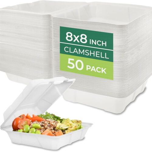Freshware Recipientes compostables para alimentos con cubierta de almeja [paquete de 50 unidades de 8 x 8 pulgadas), contenedores desechables para llevar, cajas biodegradables de caña de azúcar para