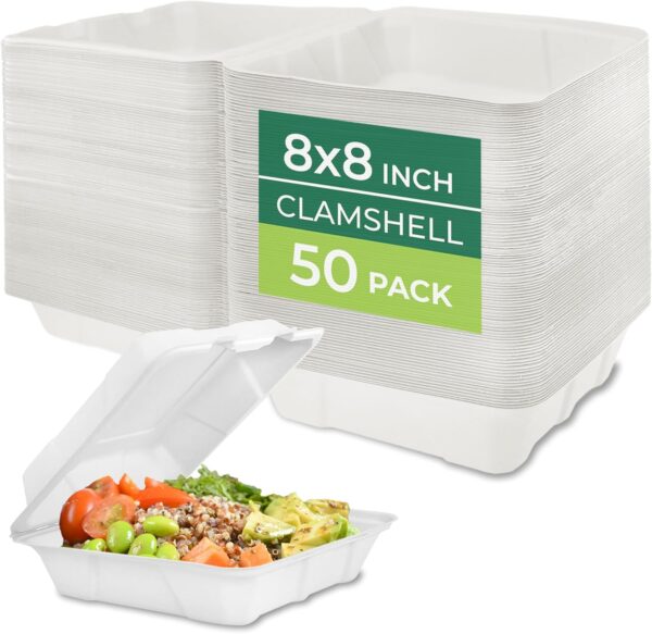 Freshware Recipientes compostables para alimentos con cubierta de almeja [paquete de 50 unidades de 8 x 8 pulgadas), contenedores desechables para llevar, cajas biodegradables de caña de azúcar para