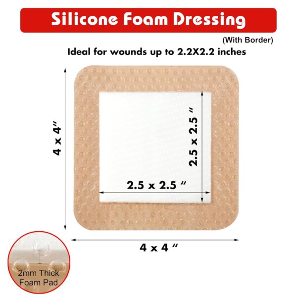 Apósito de espuma de silicona con borde adhesivo, vendaje de vendaje para heridas, almohadilla de espuma de silicona, paquete de 10, vendajes impermeables grandes de 4 x 4 pulgadas,