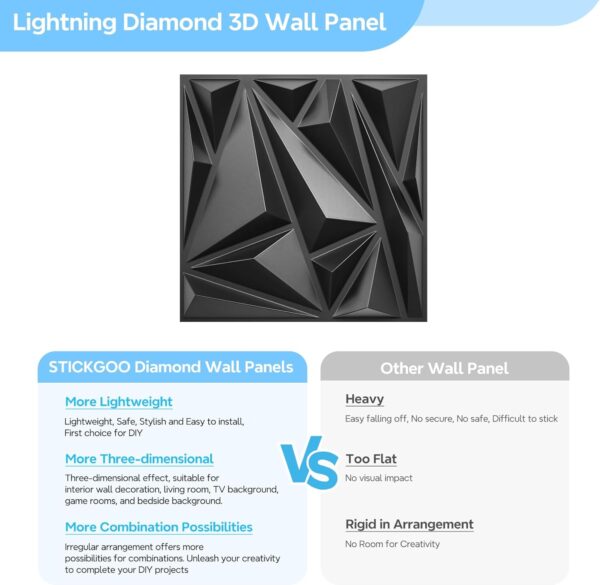 STICKGOO Paquete de 33 paneles de pared 3D para decoración de pared interior, diseño de diamante negro, decoración de pared decorativa de 12 x 12 pulgadas, paneles de pared modernos para sala de