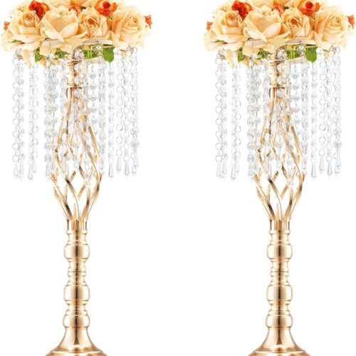 VEVOR Centro de mesa de boda de metal dorado, cristal, 2 piezas 55cm/21.65"
