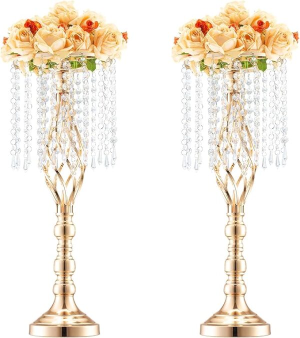 VEVOR Centro de mesa de boda de metal dorado, cristal, 2 piezas 55cm/21.65"