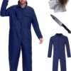 Overol azul marino, disfraz de Halloween para hombre, incluye máscara y cuchillo de juguete
