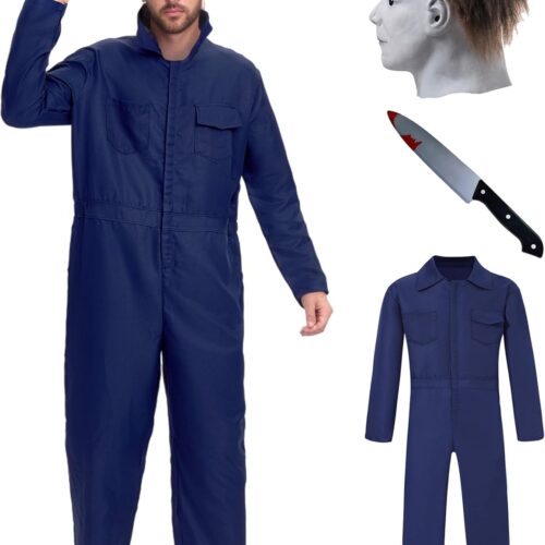 Overol azul marino, disfraz de Halloween para hombre, incluye máscara y cuchillo de juguete
