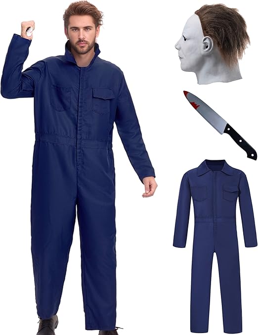 Overol azul marino, disfraz de Halloween para hombre, incluye máscara y cuchillo de juguete