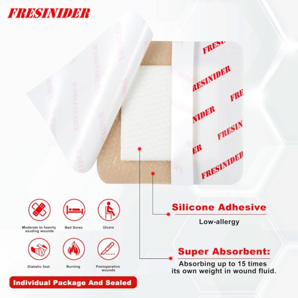 Apósito de espuma de silicona con borde adhesivo, vendaje de vendaje para heridas, almohadilla de espuma de silicona, paquete de 10, vendajes impermeables grandes de 4 x 4 pulgadas,
