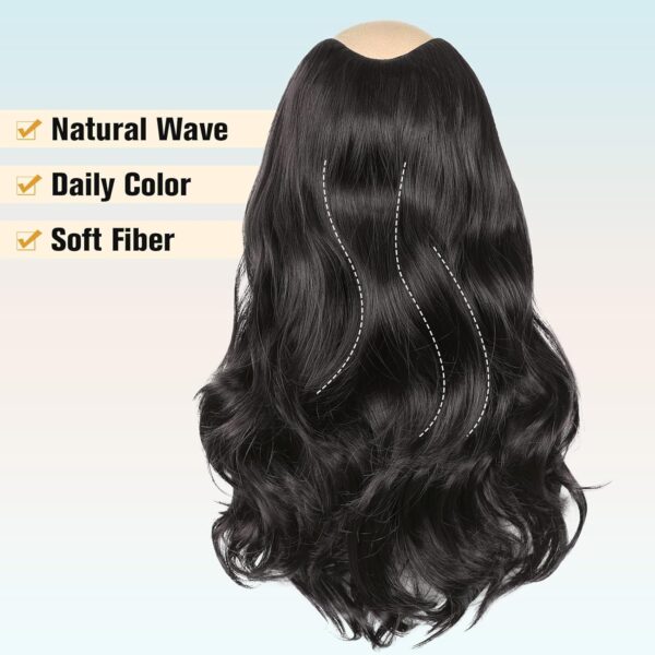 FAVE Extensiones de cabello sintético con clip en forma de V, extensiones de cabello ondulado marrón y negro, extensiones de una pieza con 5 clips de seguridad, extensiones de cabello con clip