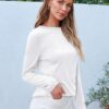 SUNBS Paquete de 3 camisas de manga larga para mujer, ajuste holgado, camisetas de otoño, ropa de moda, camisetas básicas de cuello redondo 2025