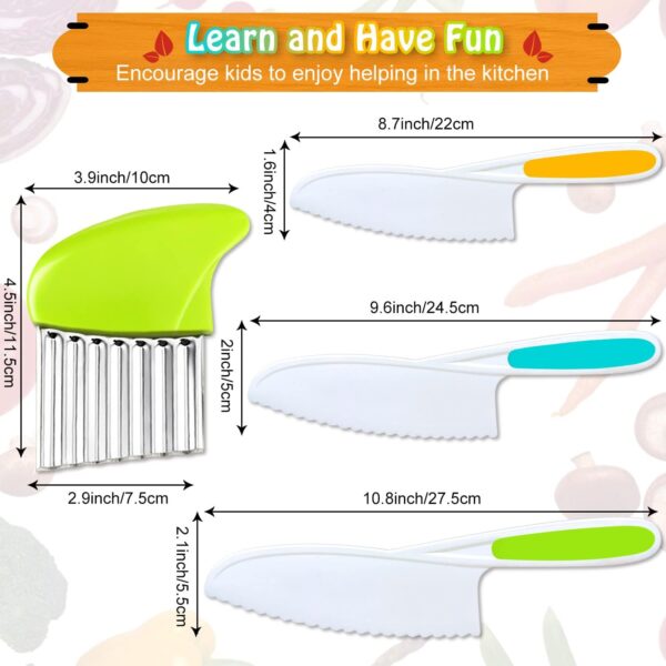 Juego de 4 cuchillos para niños, cuchillo de cocina para niños con cortador arrugado, bordes dentados, cuchillo de chef de plástico para cocinar y cortar pan de frutas