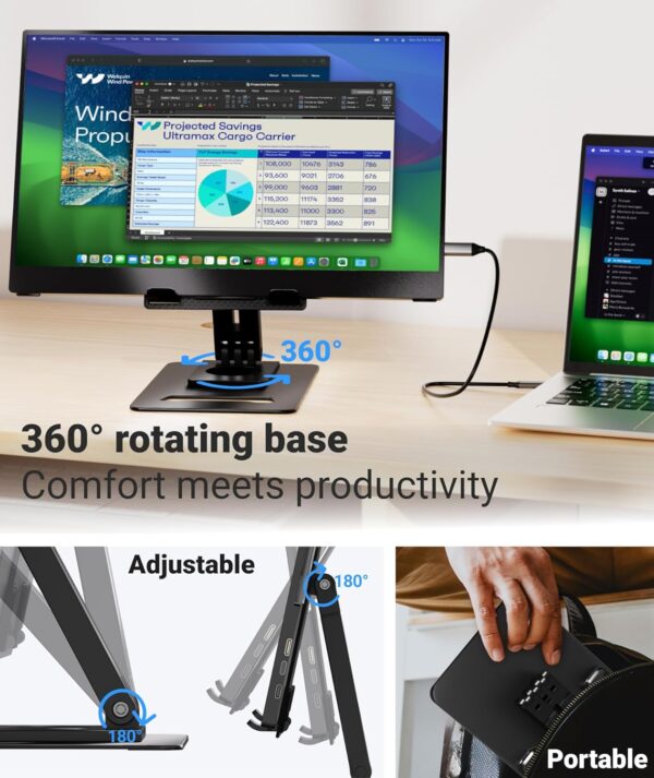Monitor portátil, extensor de pantalla para portátil FHD IPS ultra delgado de 15.6 pulgadas con soporte ajustable, compatible con USB C, ideal para viajes y oficina