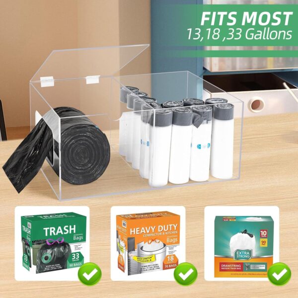 Dispensador de bolsas de basura, acrílico extra grande con compartimento de almacenamiento, organizador de bolsas de basura de cocina debajo del fregadero con tapa para 13, 30, 33 galones