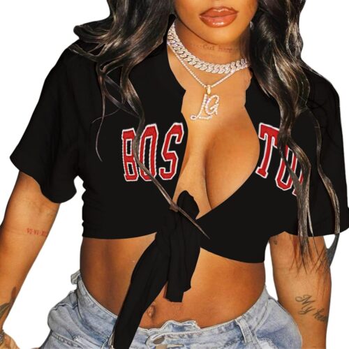 Zoyami Camiseta de manga corta sexy con lazo frontal para mujer, camiseta gráfica para club