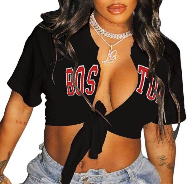 Zoyami Camiseta de manga corta sexy con lazo frontal para mujer, camiseta gráfica para club