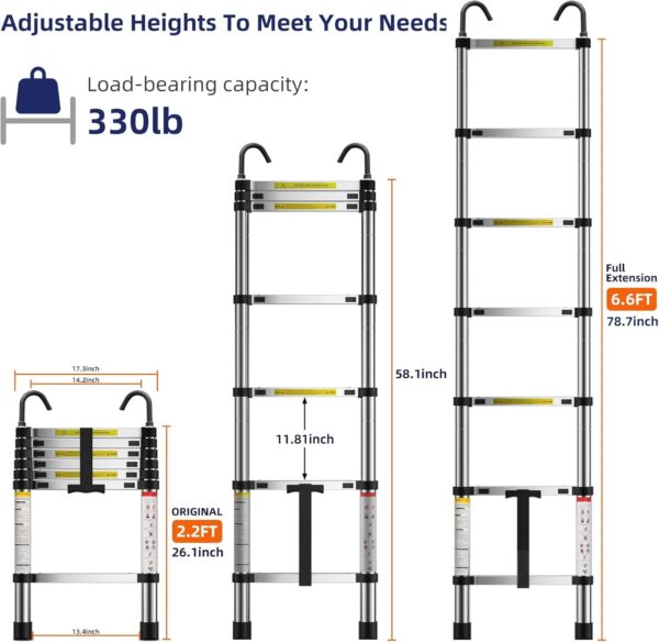 Escalera telescópica de 6.6 pies, escalera plegable ligera con gancho, escaleras de extensión de aluminio para el hogar, escalera telescópica plegable para RV, ático, uso diario en casa, 330