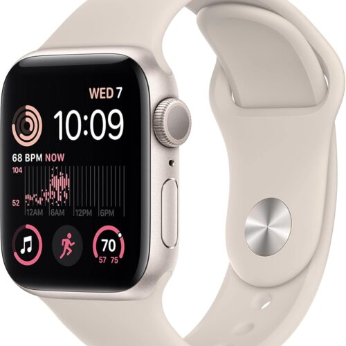 Apple Reloj inteligente SE (2.ª generación) [GPS de 1.575 in] con caja de aluminio Starlight y correa deportiva Starlight - S/M. Monitor de fitness y sueño, detección de choques, monitor de frecuencia