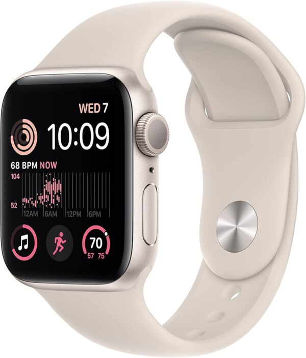 Apple Reloj inteligente SE (2.ª generación) [GPS de 1.575 in] con caja de aluminio Starlight y correa deportiva Starlight - S/M. Monitor de fitness y sueño, detección de choques, monitor de frecuencia