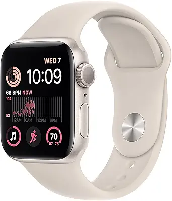 Apple Reloj inteligente SE (2.ª generación) [GPS de 1.575 in] con caja de aluminio Starlight y correa deportiva Starlight - S/M. Monitor de fitness y sueño, detección de choques, monitor de frecuencia