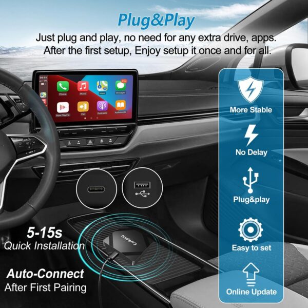 Adaptador inalámbrico CarPlay para iPhone, 2023 Apple CarPlay Wireless Dongle para automóviles CarPlay de fábrica OEM, chip 5G integrado y tasa WiFi de 5.8 GHZ, actualización en línea de