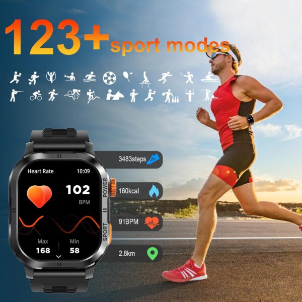 Reloj inteligente militar para hombre (respuesta/hacer llamadas), reloj inteligente AMOLED de 2.13 pulgadas para Android e iOS, reloj de fitness impermeable 5ATM con más de 123 modos