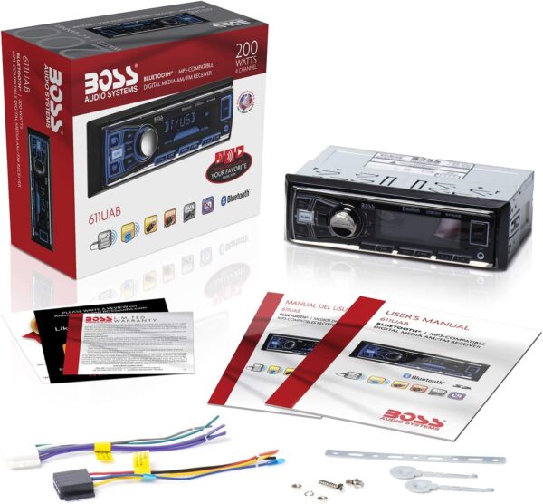 Boss Audio Systems 611UAB - Estéreo multimedia para auto - Un solo Din, audio Bluetooth y llamadas manos libres, micrófono incorporado, reproductor de MP3, puerto USB, entrada Aux, receptor de radio AM FM, - sin reproductor de CD DVD
