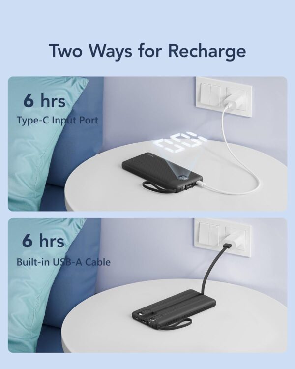 VRURC Cargador portátil con cables integrados, cargador de batería externa de 10000 mAh de viaje Essentials, 5 salidas y 2 entradas, pantalla LED externa, compatible con iPhone, Samsung, Android,