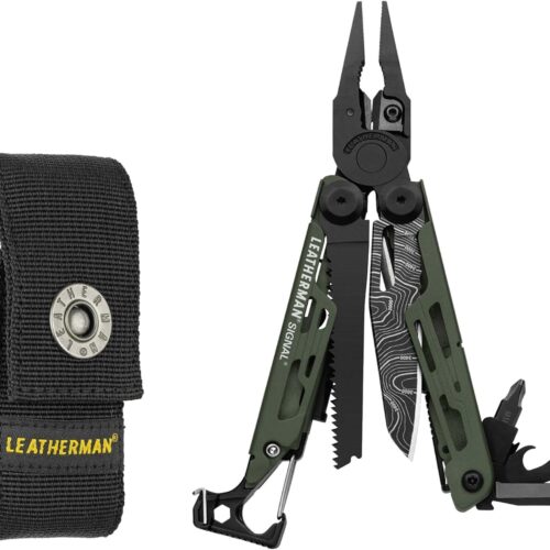 LEATHERMAN Signal - Multiherramienta de campamento con iniciador de fuego, martillo y silbato de emergencia, hecha en Estados Unidos, impresión topográfica