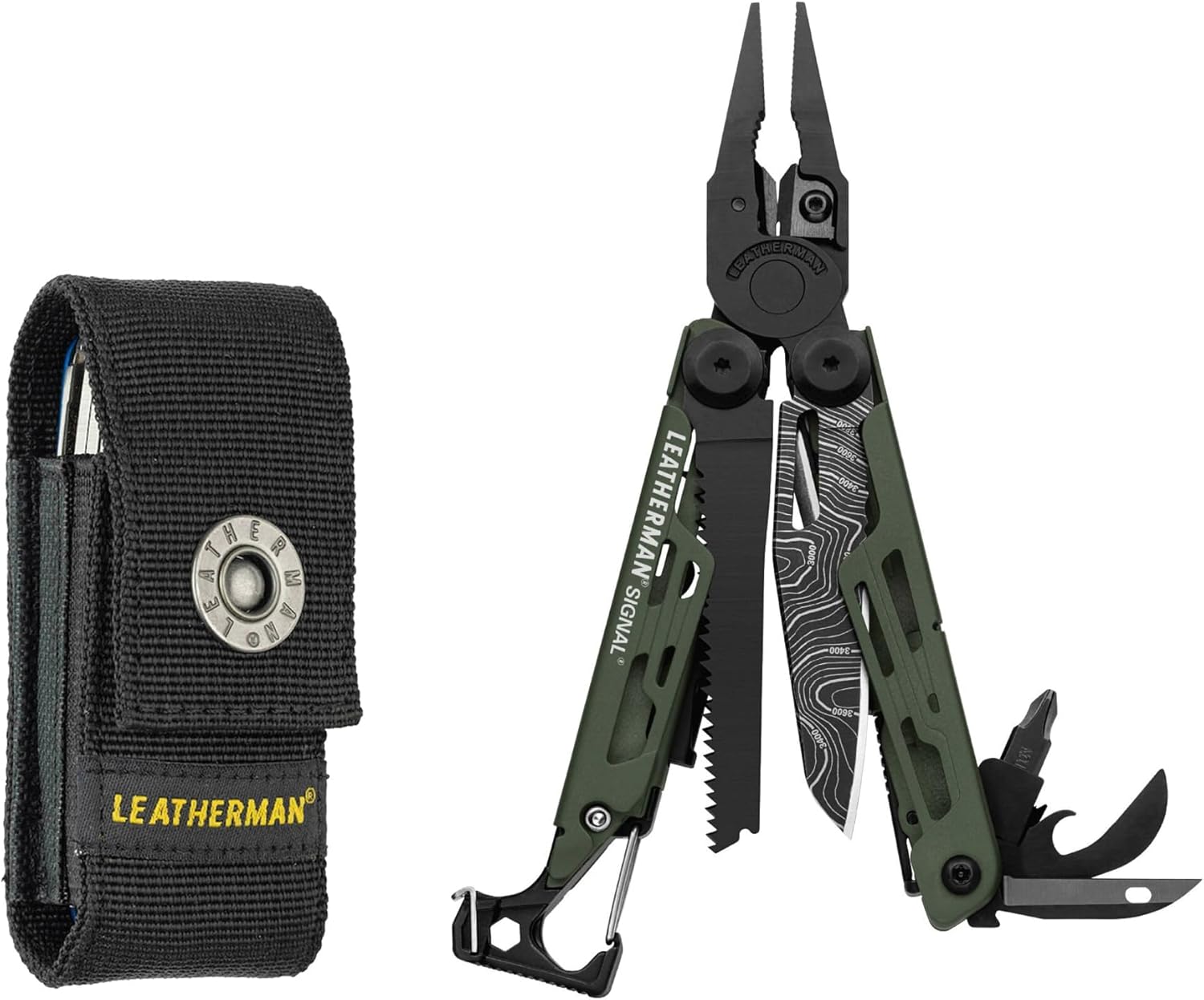 LEATHERMAN Signal – Multiherramienta de campamento con iniciador de fuego, martillo y silbato de emergencia, hecha en Estados Unidos, impresión topográfica