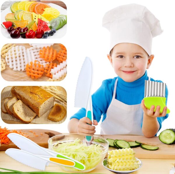 Juego de 4 cuchillos para niños, cuchillo de cocina para niños con cortador arrugado, bordes dentados, cuchillo de chef de plástico para cocinar y cortar pan de frutas