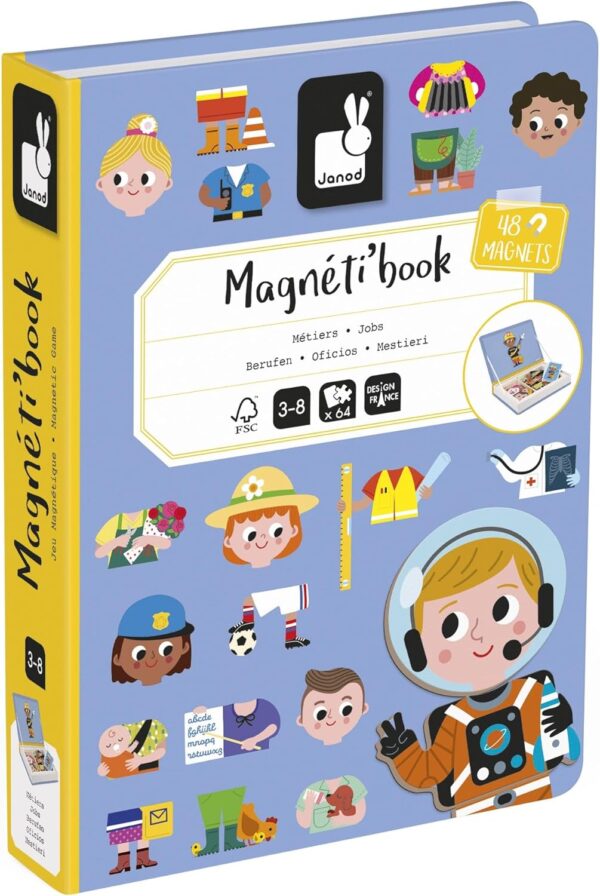 Janod - Magnéti'Book Métiers - Juego educativo magnético 48 imanes + 16 tarjetas modelo - Juguete infantil de cartón FSC - a partir de 3 años, J02597