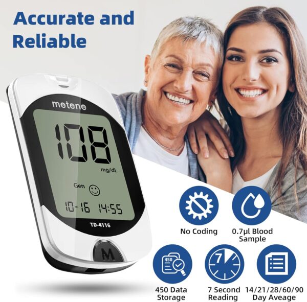 Metene TD-4116 Kit de monitor de glucosa en sangre, 100 tiras de glucómetro, 100 lancetas, 1 monitor de azúcar en sangre, kit de prueba de azúcar en sangre con solución de control, dispositivo de