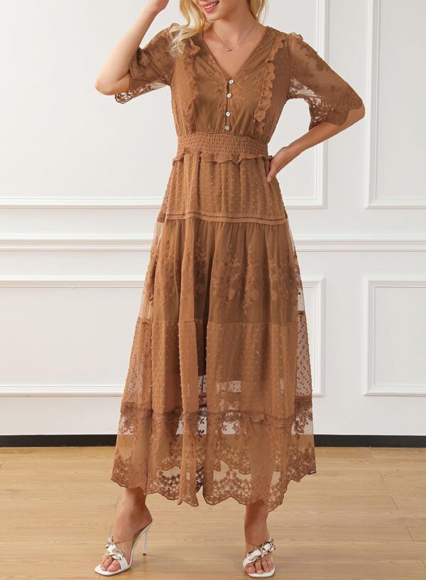 71smlxc9HzL._AC_SL1500_.jpg Happy Sailed Vestido largo de encaje floral con cuello en V y botones para mujer, manga corta, estilo bohemio
