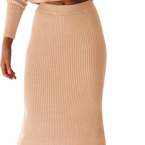 PRETTYGARDEN Conjunto de suéter de 2 piezas para mujer, de punto acanalado, manga larga, falda ajustada, casual, para invierno
