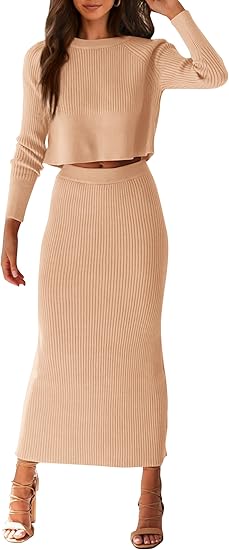 PRETTYGARDEN Conjunto de suéter de 2 piezas para mujer, de punto acanalado, manga larga, falda ajustada, casual, para invierno