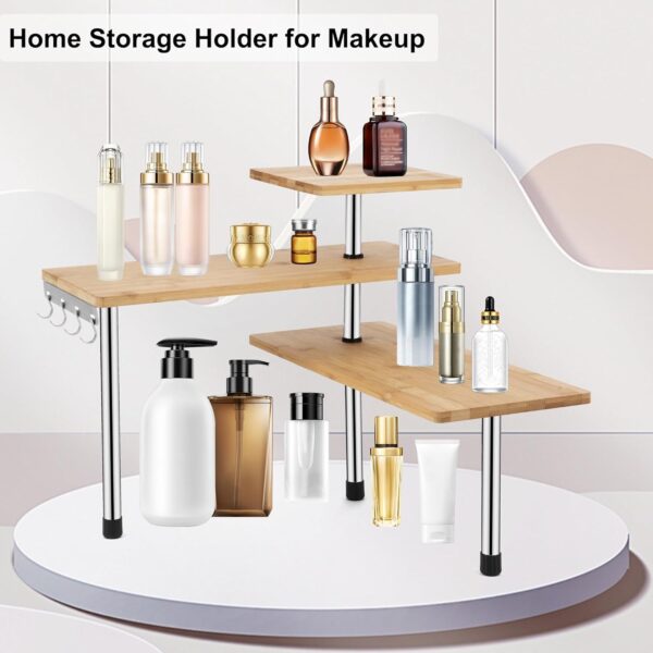 HYNAWIN Estante esquinero de bambú y metal de 3 niveles para almacenamiento de especias, estantería de ahorro de espacio con ganchos, estante de exhibición ajustable para decoración creativa del hogar