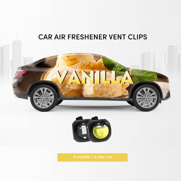 Clips de ventilación para ambientador de automóvil, paquete de 8, 6 vainillas, 2 aromas de automóvil nuevos, proporciona un aroma duradero, hasta 240 días, eliminador de olores