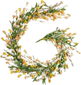RECUTMS Guirnalda floral de primavera de 65 pulgadas con hojas verdes, hiedra de jazmín de invierno para puerta delantera, hogar, pared, balcón, jardín, arco, chimenea, telón de fondo (amarillo)
